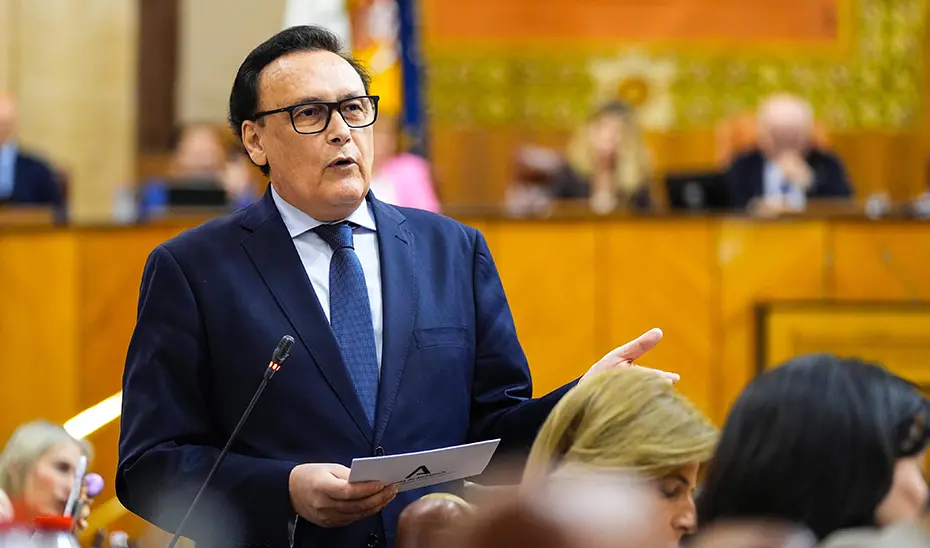 El consejero de Universidad, José Carlos Gómez Villamandos, en la sesión plenaria del Parlamento
