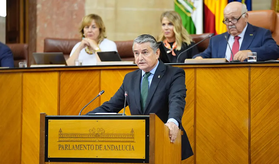 El consejero de la Presidencia, Antonio Sanz, interviene en la sesión plenaria del Parlamento andaluz