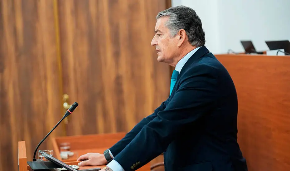 El vicepresidente primero y consejero de Presidencia, Sanidad y Emergencias, Antonio Sanz, durante su comparecencia en el Parlamento andaluz
