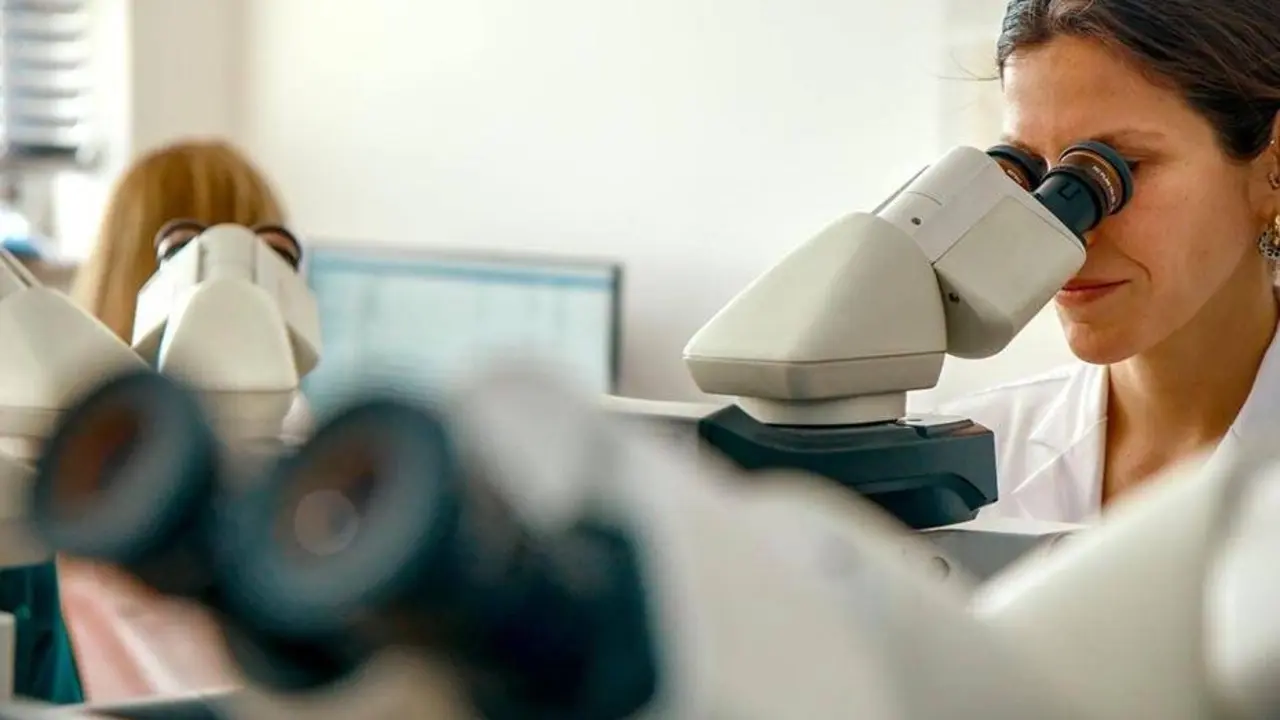 Una investigadora observa una muestra a trav&eacute;s del microscopio