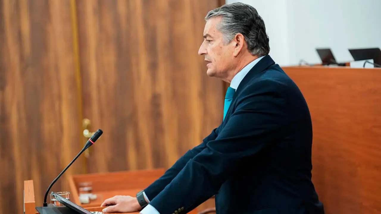 El vicepresidente primero y consejero de Presidencia, Sanidad y Emergencias, Antonio Sanz, durante su comparecencia en el Parlamento andaluz