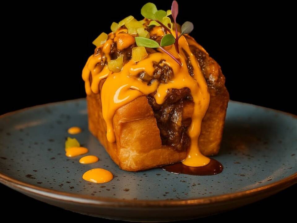 Brioche de carrillada y salsa cheddar